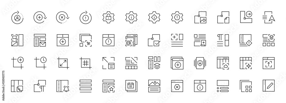 Poster interface and layout icon set. ui/ux basic outline icons collection. user interface, essential, inte