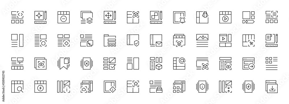 Poster interface and layout icon set. ui/ux basic outline icons collection. user interface, essential, inte
