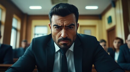 Fototapeta premium Intense Courtroom Scene with Focused Man in Suit Displaying Emotion While Facing Legal Proceedings Amidst Attentive Audience and Formal Setting