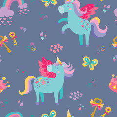 Childrens magic unicorn pattern. Cute seamless ornament hand drawn with unicorns, magic keys, butterflies. Vector texture for kids bedding, fabric, wallpaper, wrapping paper, textile, t-shirt.