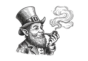 Leprechaun smoking pipe st patricks day irish folklore vector drawing