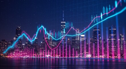 Nightscape City Skyline Financial Growth - Financial success, urban development, technological advancement, economic progress, future prosperity. Symbolizes a city's dynamic economy at night