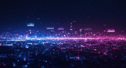 Obraz premium Night Cityscape Data Visualization - Futuristic cityscape at night, illuminated with dynamic data visualizations, symbolizing technology, progress, innovation, connection, and growth