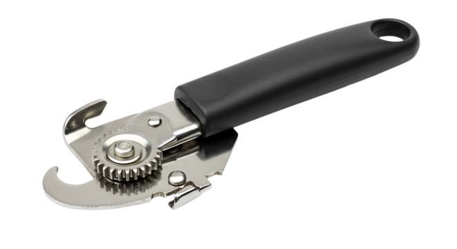 Metal Can Opener with Black Handle Kitchen Tool Close Up