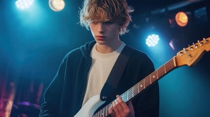 Obraz premium Young musician plays electric guitar during evening band performance at a local music venue