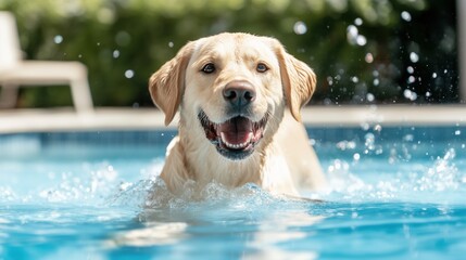 Golden retriever swimming in pool on sunny day enjoying summer fun and splashing water joyfully with vibrant background