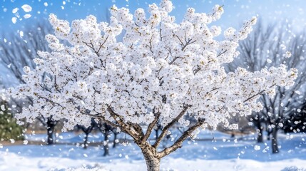 Snow falls on blooming cherry tree in park
