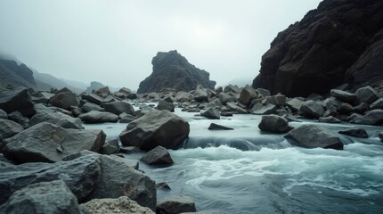 Flowing River Water Through Rocks and Misty Landscape in Iceland