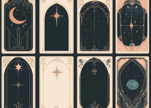 Golden frame borders with celestial elements like crescents and stars embellish templates for esoteric magical Tarot cards, which represent a fusion of mystery, astrology, and alchemy through modern