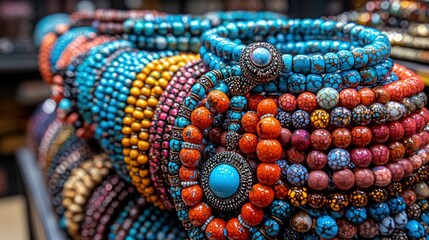 Vibrant Stack of Beaded Bracelets: A Colorful Jewelery Display