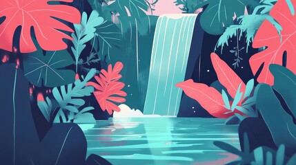 Lush Tropical Landscape with a Serene Waterfall Surrounded by Vibrant Green Foliage and Exotic Plants in a Dreamlike, Illustrative Style