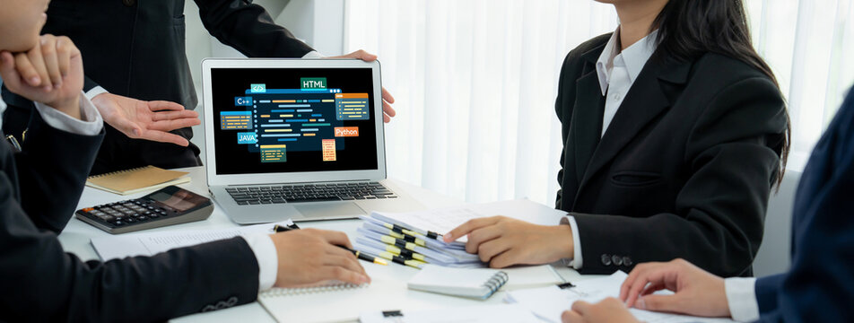 Software development or programming work with coding screen of various programming languages like HTML, Python, Java, and C brisk for new application development