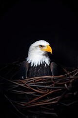 Majestic Bald Eagle Sitting in Nest with Dark Background Portrait