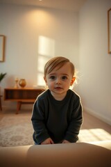 Fototapeta premium Baby Boy Standing Indoors Looking at Camera in Cozy Modern Home