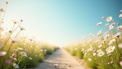 Serene pathway surrounded by vibrant wildflowers in a sunny field  
