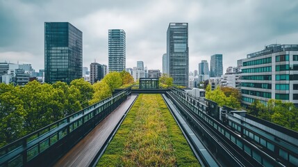 Fototapeta premium Lush Green Rooftop Garden Overlooking Modern Cityscape with Skyscrapers Under a Dramatic Cloudy Sky