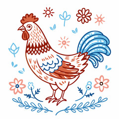 Colorful Outline Illustration of a Chicken