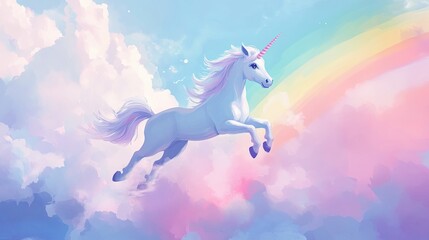 Fototapeta premium Majestic white unicorn with rainbow horn flying through pastel clouds and vibrant rainbow in magical sky