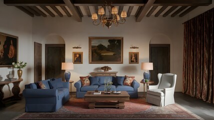 Classic European Renaissance lounge with antique furniture and decor