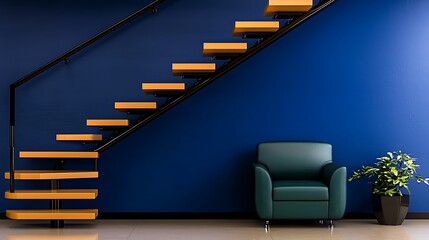 Modern interior featuring a stylish staircase, green armchair, and decorative plant against a blue wall