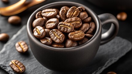 Fototapeta premium Rich coffee beans in a black cup arranged on a dark surface with golden accent details