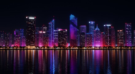Fototapeta premium Night Cityscape Reflections Art - Vibrant cityscape at night, glowing skyscrapers reflected in dark water, symbolizing modern technology, urban life, progress, beauty, and reflection