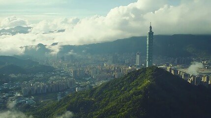 Naklejka premium City nestled amidst mountains, hazy clouds. Vast urban sprawl. High-rise buildings, verdant hills, and a prominent skyscraper pierce the clouds