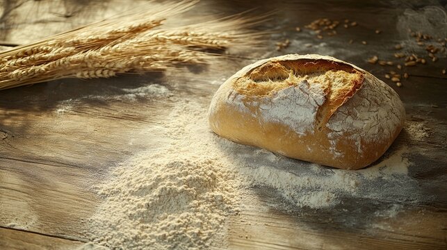 Freshly baked rustic bread loaf on wooden table with scattered flour and wheat stalks in warm natural light
