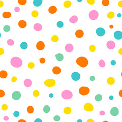 Seamless abstract pattern, background of multicolor falling confetti, polka dots on a light background, flat style. hand drawing. Not AI, Vector illustration.