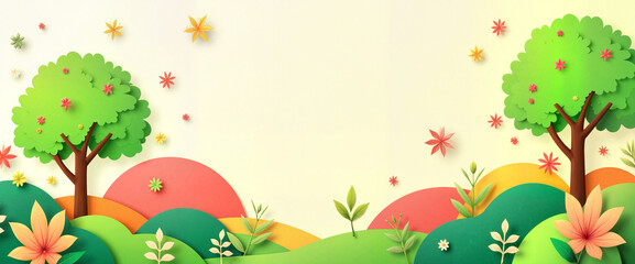 Layered spring landscape with vibrant trees and flowers, nature's beauty