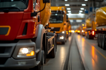 A line of new, brightly colored heavy-duty trucks ready for delivery. Factory floor, warm light. Precision assembly and transportation vehicles.