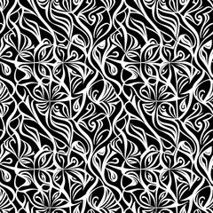 a black and white floral pattern on a black background