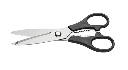 Open Kitchen Scissors with Black Handles on White Background