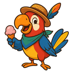Colorful cartoon parrot wearing a hat and scarf, happily holding an ice cream cone