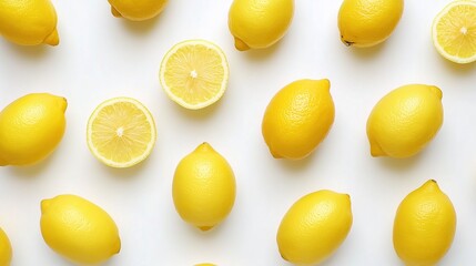 Fresh lemons arranged on a bright surface with some sliced in half showing juicy interiors for culinary use or decoration