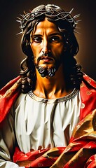 A serene portrayal captures Jesus Christ with a crown of thorns, radiating compassion amidst a backdrop of ethereal light, embodying the essence of faith and strength Generative AI