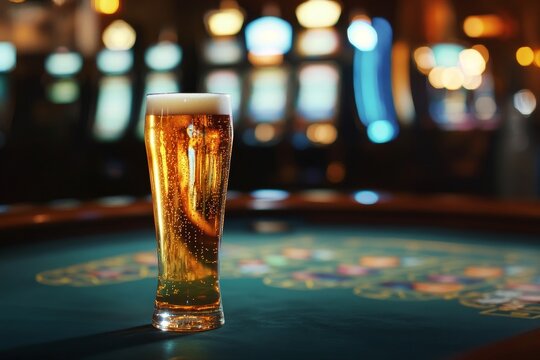 Glass of beer resting on casino table with slot machines in background