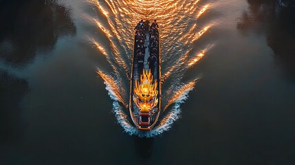 Dragon boat glides through tranquil waters at sunset