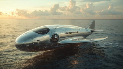 Futuristic Aircraft Soaring Over Tranquil Ocean at Sunset