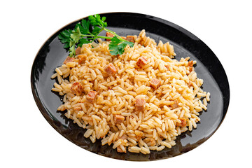 Rice meat ham main course fresh delicious gourmet food background on the table rustic food top view copy space
