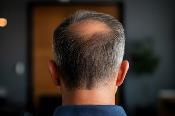Obraz premium Back view of a man with thinning gray hair in a softly lit room, showcasing male pattern baldness, aging, and personal grooming in a relatable image.