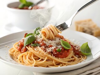 Spaghetti with tomato sauce, spaghetti with tomato sauce and basil.
