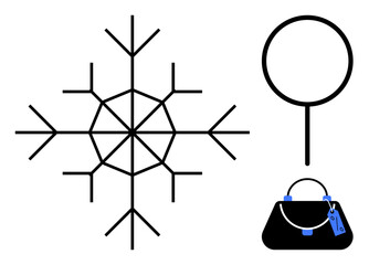 Black-and-white snowflake, magnifying glass, and handbag with blue tag. Ideal for winter, fashion, shopping, analysis, elegance simplicity minimalism. Distinct shapes for abstract line flat