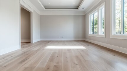 An empty room features light wooden flooring and abundant sunlight streaming through large windows, embodying a sense of openness and potential for various uses.