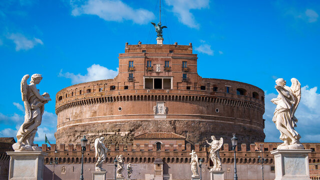 Rome skyline with Castel Sant'Angelo over St. Angelo Bridge and the River Tiber, Italy.