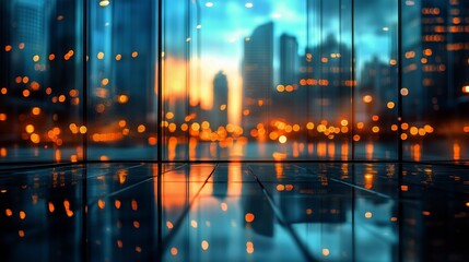 Fototapeta premium City Skyline Reflections During Sunset Showcasing Urban Lights and Architecture