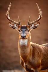 Fototapeta premium Portrait of Majestic Deer with Antlers Against Soft Blurred Background
