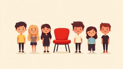 A diverse group of animated friends standing beside a red chair.
