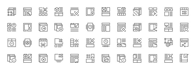 Interface, UI/UX basic outline icons collection. User interface, essential, interface components, layout, sidebar, frame and more. Editable stroke. Pixel perfect.
