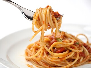 Delicious spaghetti with tomato sauce and basil on a plate.